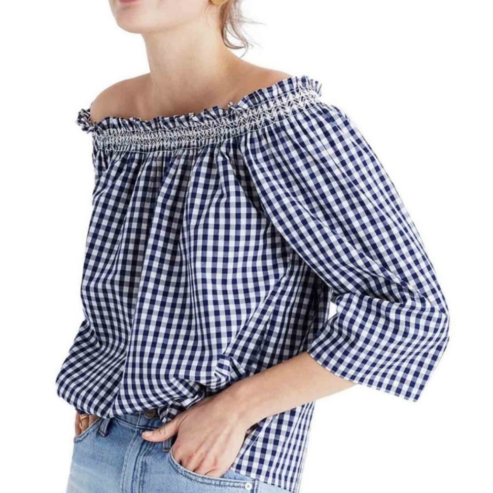 Madewell Smoked Gingham Off-The-Shoulder Top Blouse